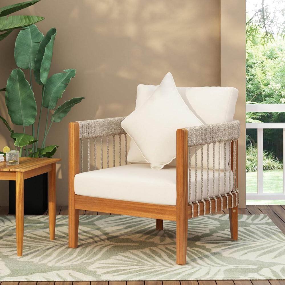 image:imageChristopher Knight Home Vinny Outdoor Accent Chair Acacia Wood Club Chair Handwoven Rope Armchair with Removable Cushions Comfort Seating Single Reading Sofa for Garden Backyard Porch GreenBeigeNaturalbeige