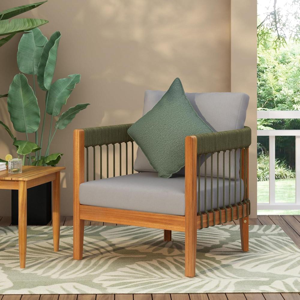 image:imageChristopher Knight Home Vinny Outdoor Accent Chair Acacia Wood Club Chair Handwoven Rope Armchair with Removable Cushions Comfort Seating Single Reading Sofa for Garden Backyard Porch GreenBeigeGreengrey