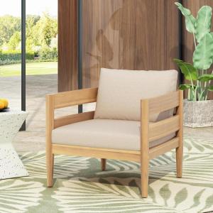 Christopher Knight Home Ahri Acacia Wood Outdoor Chair, Patio Lounge Chair with Slatted Back, Accent Chair with Cushions, Stylish Outdoor Furniture for Balcony/Garden, Beige + Light Teak(Beige + Light Teak)