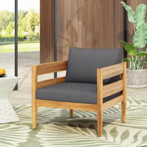 Christopher Knight Home Ahri Acacia Wood Outdoor Chair, Patio Lounge Chair with Slatted Back, Accent Chair with Cushions, Stylish Outdoor Furniture for Balcony/Garden, Beige + Light Teak(Dark Gray + Teak)