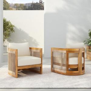 Christopher Knight Home Dora Set of 2 Patio Club Chair with Cushions, Acacia Wood Lounge Chair Outdoor, Woven Accents, Curved Design Side Chair for Balcony Backyard Garden Poolside, Grey + Teak(Beige + Teak)