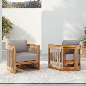Christopher Knight Home Dora Set of 2 Patio Club Chair with Cushions, Acacia Wood Lounge Chair Outdoor, Woven Accents, Curved Design Side Chair for Balcony Backyard Garden Poolside, Grey + Teak(Grey + Teak)
