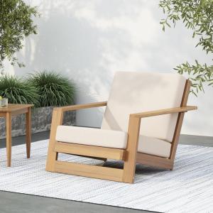 Christopher Knight Home Fayah Acacia Wood Lounge Chair Outdoor, Wooden Patio Armchair for Lounging, Patio Furniture Single Sofa Chair, Garden/Poolside Comfy Reading Chair with Cushion,Light Teak+Beige