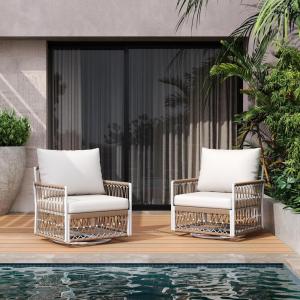 Christopher Knight Home Fiora 360° Swivel Patio Chairs Set of 2 with Handwoven Rope, Powder-Coated Steel Frame Outdoor Lounge Chairs, Patio Seating with Waterproof Cushions, Beige + Natural