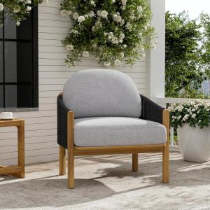 Christopher Knight Home Grotta Acacia Wood Patio Accent Chair, Wooden Lounge Chair Outdoor, Outdoor Barrel Chair with Rope Weave+Removable Cushion, Curved Backrest Single Lounge Sofa, Beige+Teak(Gray+teak)