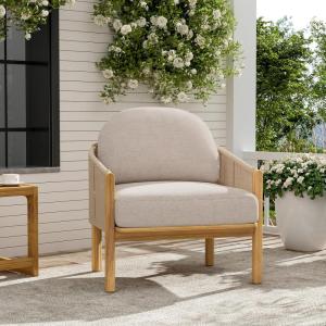 Christopher Knight Home Grotta Acacia Wood Patio Accent Chair, Wooden Lounge Chair Outdoor, Outdoor Barrel Chair with Rope Weave+Removable Cushion, Curved Backrest Single Lounge Sofa, Beige+Teak(Beige+teak)