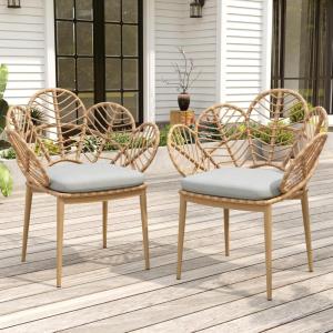 Christopher Knight Home Kirk Outdoor Dining Chairs Set of 2, Faux Rattan Patio Chair with Cushions, Modern Patio Seating, Iron Frame, Petal-Shaped Design for Garden Poolside Balcony, Light Teak+Beige