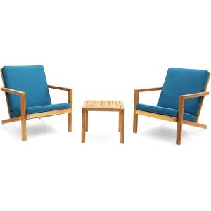 Christopher Knight Home Leah 2-Seater Acacia Wood Outdoor Patio Furniture Set, Outdoor Conversation Chat Set with Cushion, Adirondack Chairs Set of 2 + Side Table Set for Backyard Balcony, Teak+Beige(Brown Patina/Dark Teal)