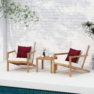 Christopher Knight Home Leah 2-Seater Acacia Wood Outdoor Patio Furniture Set, Outdoor Conversation Chat Set with Cushion, Adirondack Chairs Set of 2 + Side Table Set for Backyard Balcony, Teak+Beige(Teak + Beige)