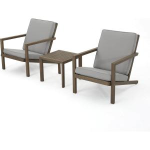 Christopher Knight Home Leah 2-Seater Acacia Wood Outdoor Patio Furniture Set, Outdoor Conversation Chat Set with Cushion, Adirondack Chairs Set of 2 + Side Table Set for Backyard Balcony, Teak+Beige(Grey Finish / Grey)