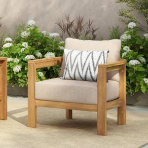 Christopher Knight Home Lucky Patio Acacia Wood Club Chair with Cushions, Comfy Lounge Chair Outdoor, Stylish Garden Seating, Semi-Circular Back Armchair for Porch, Backyard, Beige + Light Teak
