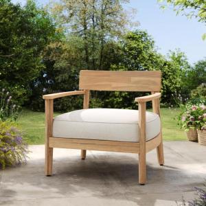 Christopher Knight Home Manny Acacia Wood Patio Accent Chair, Wooden Lounge Chair Outdoor, Comfy Reading Chair with Removable Cushion, Curved Backrest Lounge Sofa, Garden Poolside Seating, Teak+Beige