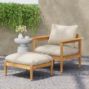 Christopher Knight Home Ordel Acacia Wood Patio Accent Chair with Ottoman Footrest, Wooden Lounge Chair Outdoor and Ottoman Set, Comfy Reading Chair with Footrest Stool, Beige+Light Teak
