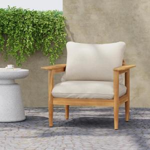 Christopher Knight Home Ordel Acacia Wood Patio Accent Chair with Removable Cushions, Wooden Lounge Chair Outdoor with Wide Armrest, Comfy Reading Chair for Garden/Backyard, Beige+Light Teak