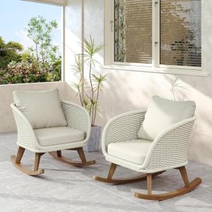 Christopher Knight Home Siwoo Wooden Frame Outdoor Rocking Chairs Set of 2, Wicker Rocker Chair with Soft Cushions, Contemporary Patio Rockers, Rocking Chair for Indoor/Outdoor, Gray + Natural(Beige + Natural)