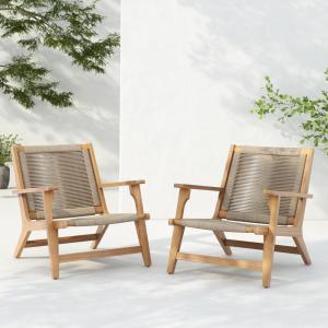 Christopher Knight Home Veera Patio Chair Set of 2 with Acacia Wood Frame and Handwoven Rope, Outdoor Lounge Chair, Stylish Outdoor Accent Chair for Garden/Deck/Backyard, Beige + Light Teak(Beige + Light Teak)