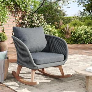 Christopher Knight Home Yusi Wooden Frame Rocking Chair Outdoor, Wicker Rocker Chair with Soft Cushions, Contemporary Patio Rockers, Rocking Accent Chair for Indoor/Outdoor, Gray + Natural(Gray + Natural)