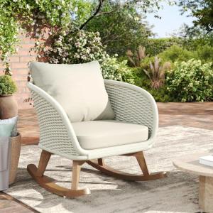 Christopher Knight Home Yusi Wooden Frame Rocking Chair Outdoor, Wicker Rocker Chair with Soft Cushions, Contemporary Patio Rockers, Rocking Accent Chair for Indoor/Outdoor, Gray + Natural(Beige + Natural)