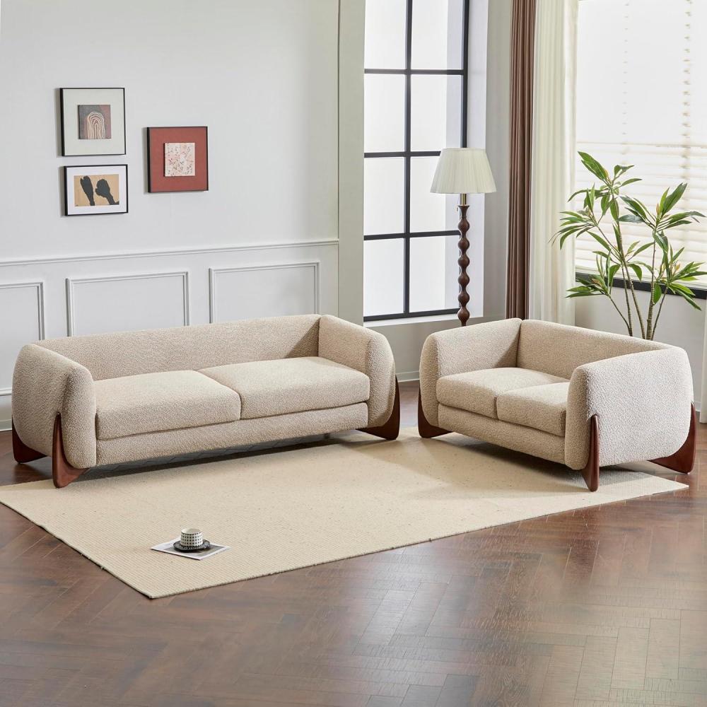 image:imageChristopher Knight Home Almad 2 Pieces Sofa Couch Set Cozy 3Seater Sofa and Loveseat for Living Room Upholstered Couch Chair Soft Seating Lounge Sofa with Wood Frame Boucle Fabric Navy BlueAlmond
