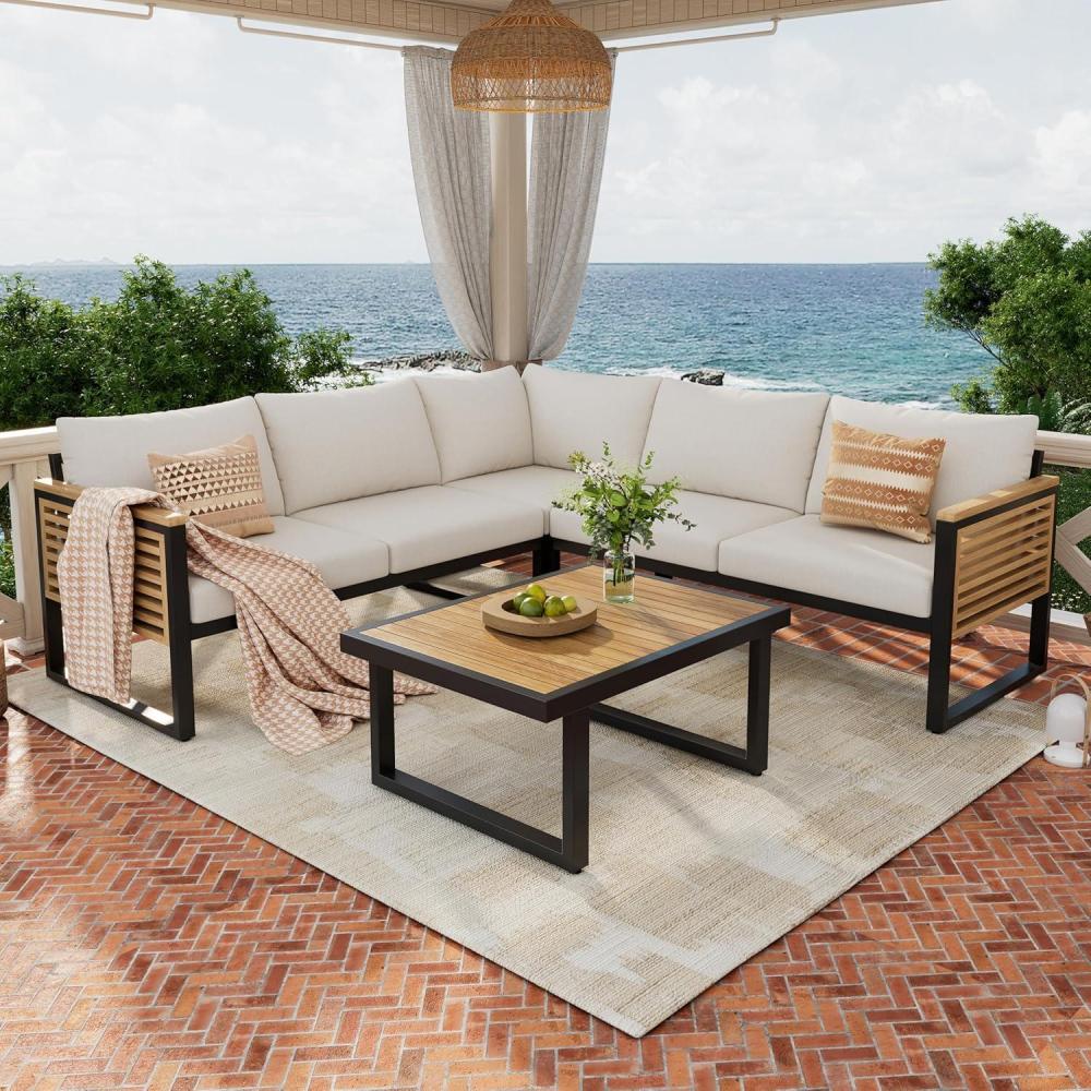 image:imageChristopher Knight Home Gevin 5Seater Acacia Wood Metal Patio Furniture Set Outdoor Sectional Conversation Club Chair Sofa Corner Chat Set with Coffee Table for Backyard or Balcony TeakBeigeBlackTeakbeigeblack