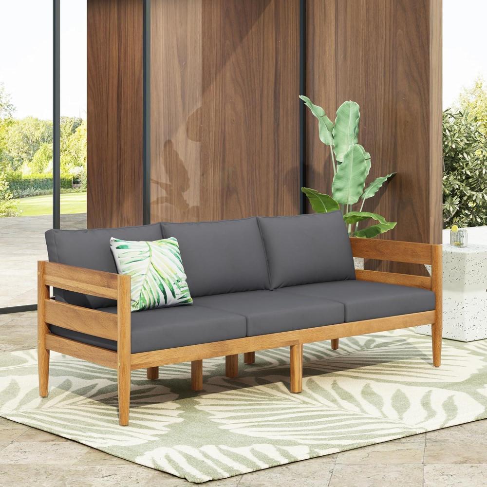 image:imageChristopher Knight Home Kavets 7625 W Outdoor 3 Seater Sofa with 5 Cushion Acacia Wood Patio Sofa Modern Slat Panel Bench Spacious Seating Couch for Backyard Garden Porch Light TeakDark GrayDark Gray