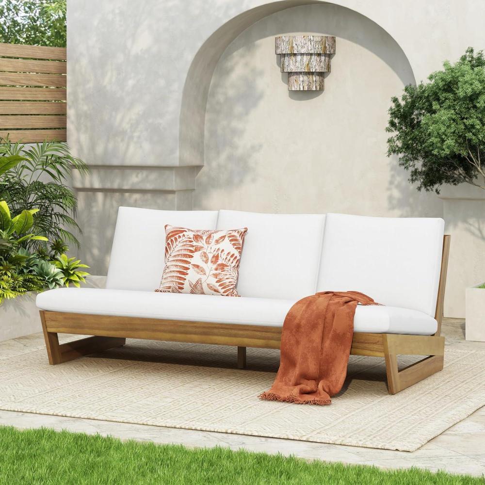 image:imageChristopher Knight Home Wicos Modern Acacia Wood Outdoor Sofa with Cushion Wood Patio Sofa Chair Armless Design Garden Backyard Outdoor Lounge Sofa Couch with WaterResistant Cushion TeakWhite