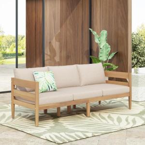 Christopher Knight Home Kavets 76.25” W Outdoor 3 Seater Sofa with 5″ Cushion, Acacia Wood Patio Sofa, Modern Slat Panel Bench, Spacious Seating Couch for Backyard Garden Porch, Light Teak+Dark Gray(Light Teak+beige)