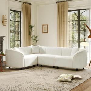 Christopher Knight Home Negav L-Shaped Upholstered Living Room Sofa, Boucle Fabric Modern Curved Sectional Sofa, Wooden Large Sofa Couch for Living Room, Home Office, Light Beige(Light Beige)