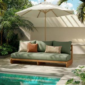 Christopher Knight Home Poppy Acacia Wood Outdoor 3 Seater Sofa with Cushion, Wooden Patio Sofa Couch with Cushion, Comfy Armless Cloud Sofa Couch, Patio Furniture Sofa Set, Teak+Beige(Teak+olive Green)