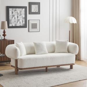 Christopher Knight Home Yule Living Room Wooden 3-Seater Sofa,Boucle Fabric Upholstered Lounge Sofa Couch,Home Office/Bedroom Sofa Chair with Accent Pillow,Comfy Reading Cloud Sofa,Milky White + Brown(Milky White + Brown)