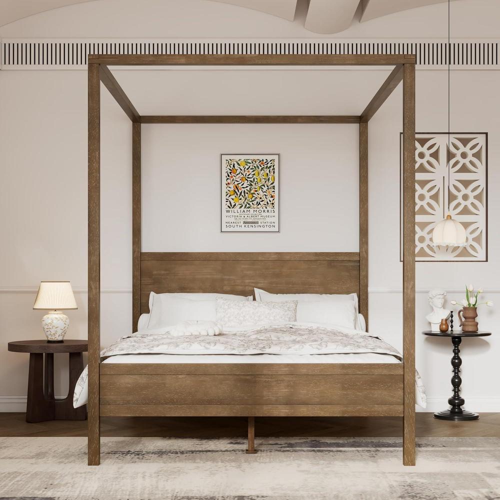 image:imageChristopher Knight Home Darnel Wooden Canopy Bed Frame Queen Size with Headboard 4 Poster Platform Queen Bed Frame Strong Wood Slat Mattress Support No Box Spring Needed Antique Natural