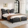 Christopher Knight Home Olimo Faux Leather Full Size Bed, Upholstered Full Bed and Headboard, Butterfly Shaped Headboard, Slat Panel Support, No Spring Box Needed, Easy Assembly, 800lbs Light Pink(Black)