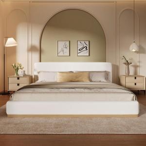 Christopher Knight Home Bettine Queen Size Bed Frame, Upholstered Queen Size Headborad and Bed, Rectangular Velvet Headboard, Solid Wood Frame, Slats Panel Platform, No Box Spring Needed, 800lbs White(King)