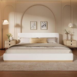 Christopher Knight Home Bettine Queen Size Bed Frame, Upholstered Queen Size Headborad and Bed, Rectangular Velvet Headboard, Solid Wood Frame, Slats Panel Platform, No Box Spring Needed, 800lbs White(Queen)