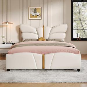 Christopher Knight Home Olimo Faux Leather Full Size Bed, Upholstered Full Bed and Headboard, Butterfly Shaped Headboard, Slat Panel Support, No Spring Box Needed, Easy Assembly, 800lbs Light Pink(Beige)
