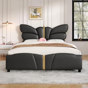 Christopher Knight Home Olimo Faux Leather Full Size Bed, Upholstered Full Bed and Headboard, Butterfly Shaped Headboard, Slat Panel Support, No Spring Box Needed, Easy Assembly, 800lbs Light Pink(Black)