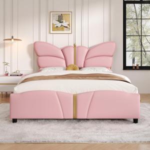 Christopher Knight Home Olimo Faux Leather Full Size Bed, Upholstered Full Bed and Headboard, Butterfly Shaped Headboard, Slat Panel Support, No Spring Box Needed, Easy Assembly, 800lbs Light Pink(Light Pink)