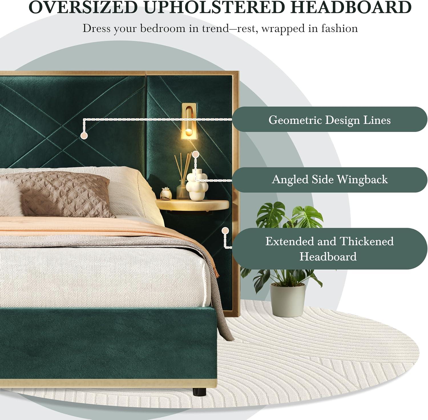 image:imageChristopher Knight Home Harley Upholstered King Size Bed Frame with LED Lights and Side Panels Velvet Bed Frame King Size with Headboard Wooden Slats Easy Assembly No Box Spring Needed BeigeGreen