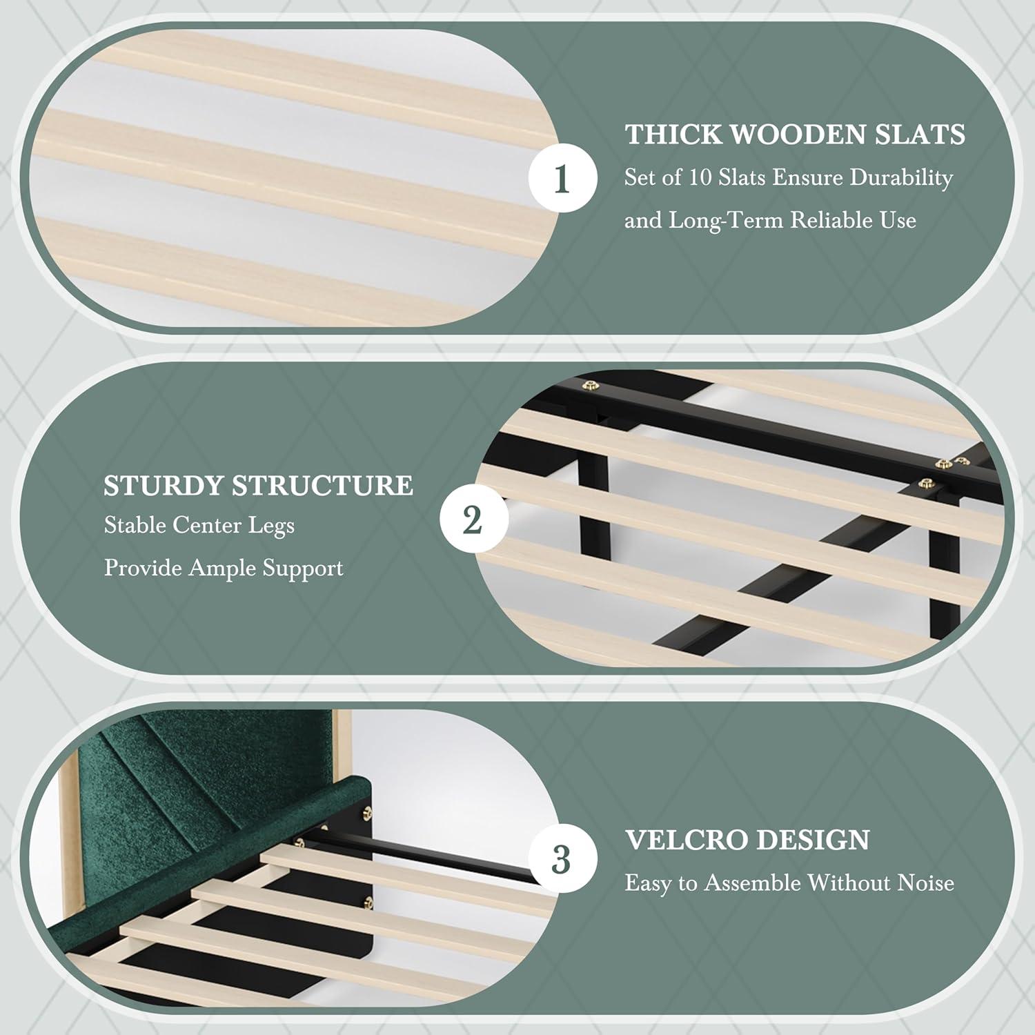 image:imageChristopher Knight Home Harley Upholstered King Size Bed Frame with LED Lights and Side Panels Velvet Bed Frame King Size with Headboard Wooden Slats Easy Assembly No Box Spring Needed BeigeGreen