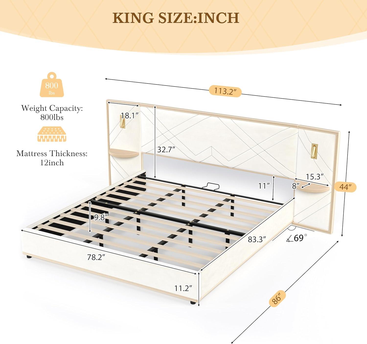 image:imageChristopher Knight Home Harley Upholstered King Size Bed Frame with LED Lights and Side Panels Velvet Bed Frame King Size with Headboard Wooden Slats Easy Assembly No Box Spring Needed BeigeBeige