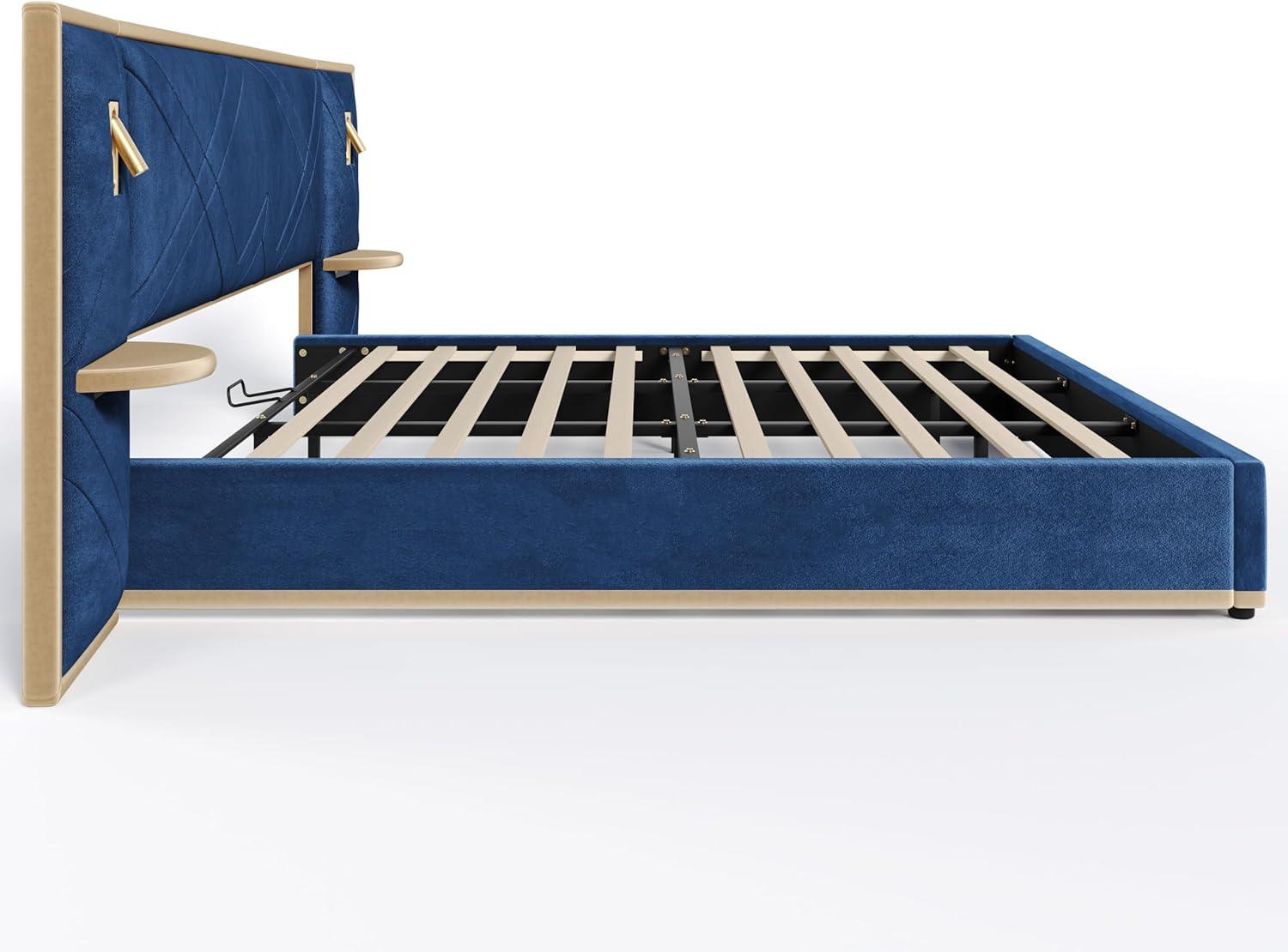 image:imageChristopher Knight Home Harley Upholstered King Size Bed Frame with LED Lights and Side Panels Velvet Bed Frame King Size with Headboard Wooden Slats Easy Assembly No Box Spring Needed BeigeBlue