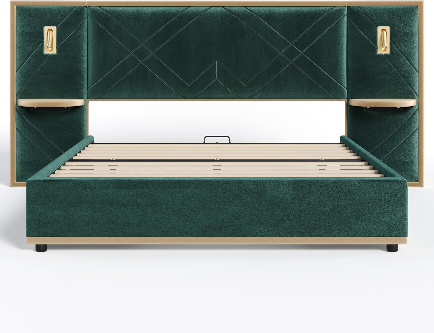 image:imageChristopher Knight Home Harley Upholstered King Size Bed Frame with LED Lights and Side Panels Velvet Bed Frame King Size with Headboard Wooden Slats Easy Assembly No Box Spring Needed BeigeGreen