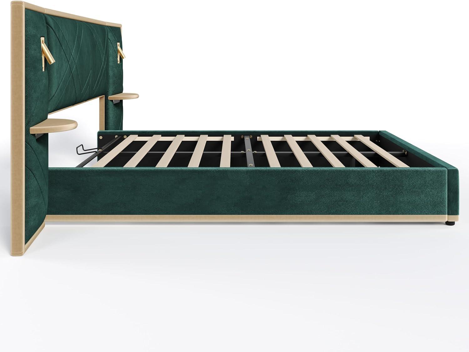 image:imageChristopher Knight Home Harley Upholstered King Size Bed Frame with LED Lights and Side Panels Velvet Bed Frame King Size with Headboard Wooden Slats Easy Assembly No Box Spring Needed BeigeGreen