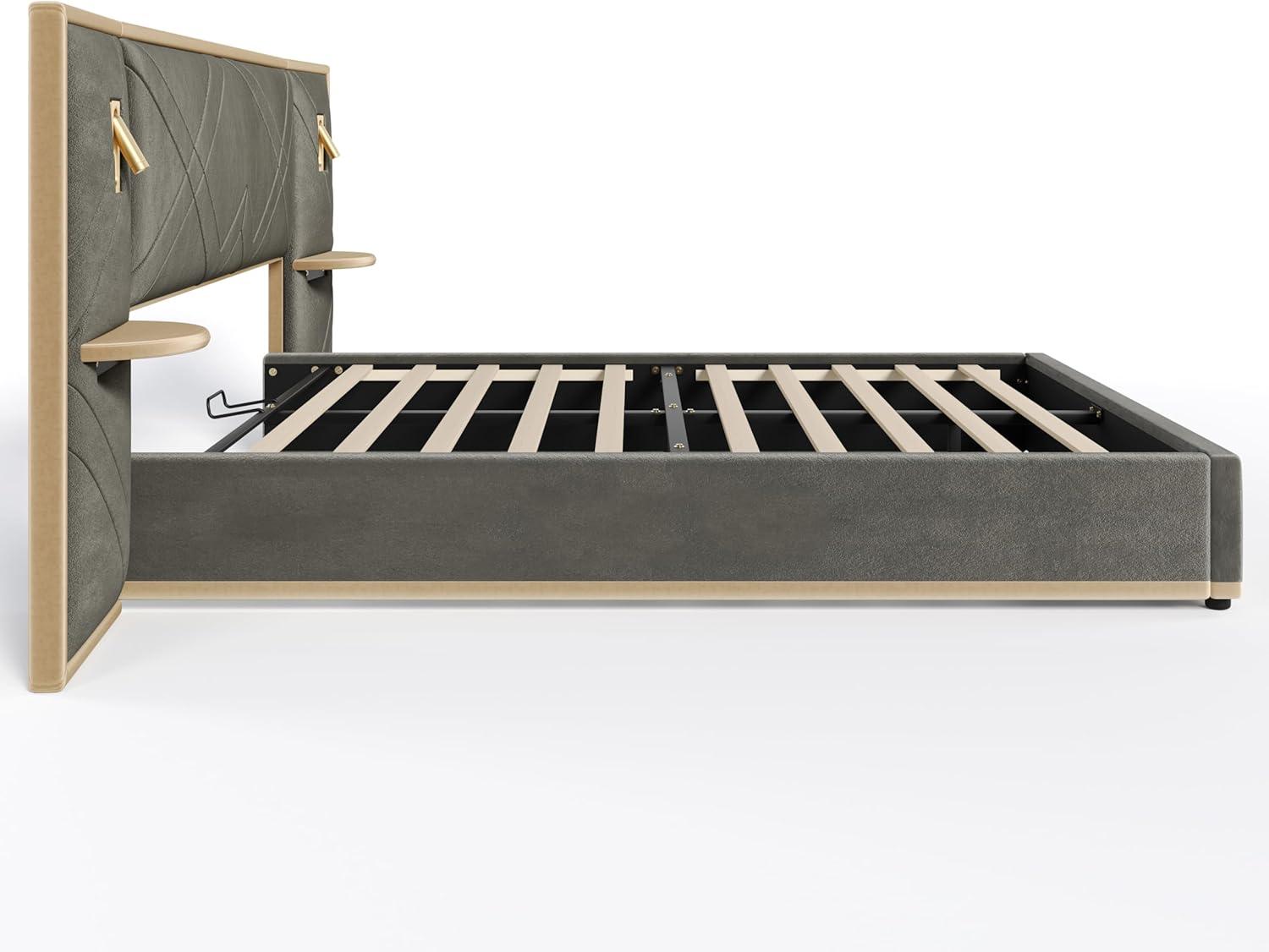 image:imageChristopher Knight Home Harley Upholstered King Size Bed Frame with LED Lights and Side Panels Velvet Bed Frame King Size with Headboard Wooden Slats Easy Assembly No Box Spring Needed BeigeGrey