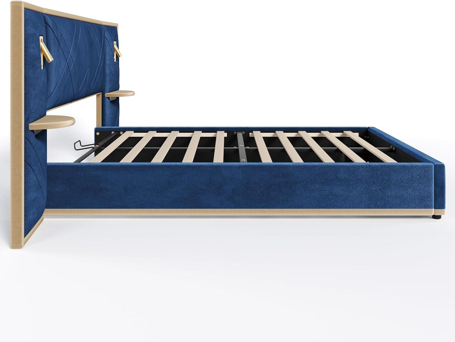 image:imageChristopher Knight Home Harley Upholstered King Size Bed Frame with LED Lights and Side Panels Velvet Bed Frame King Size with Headboard Wooden Slats Easy Assembly No Box Spring Needed BeigeBlue