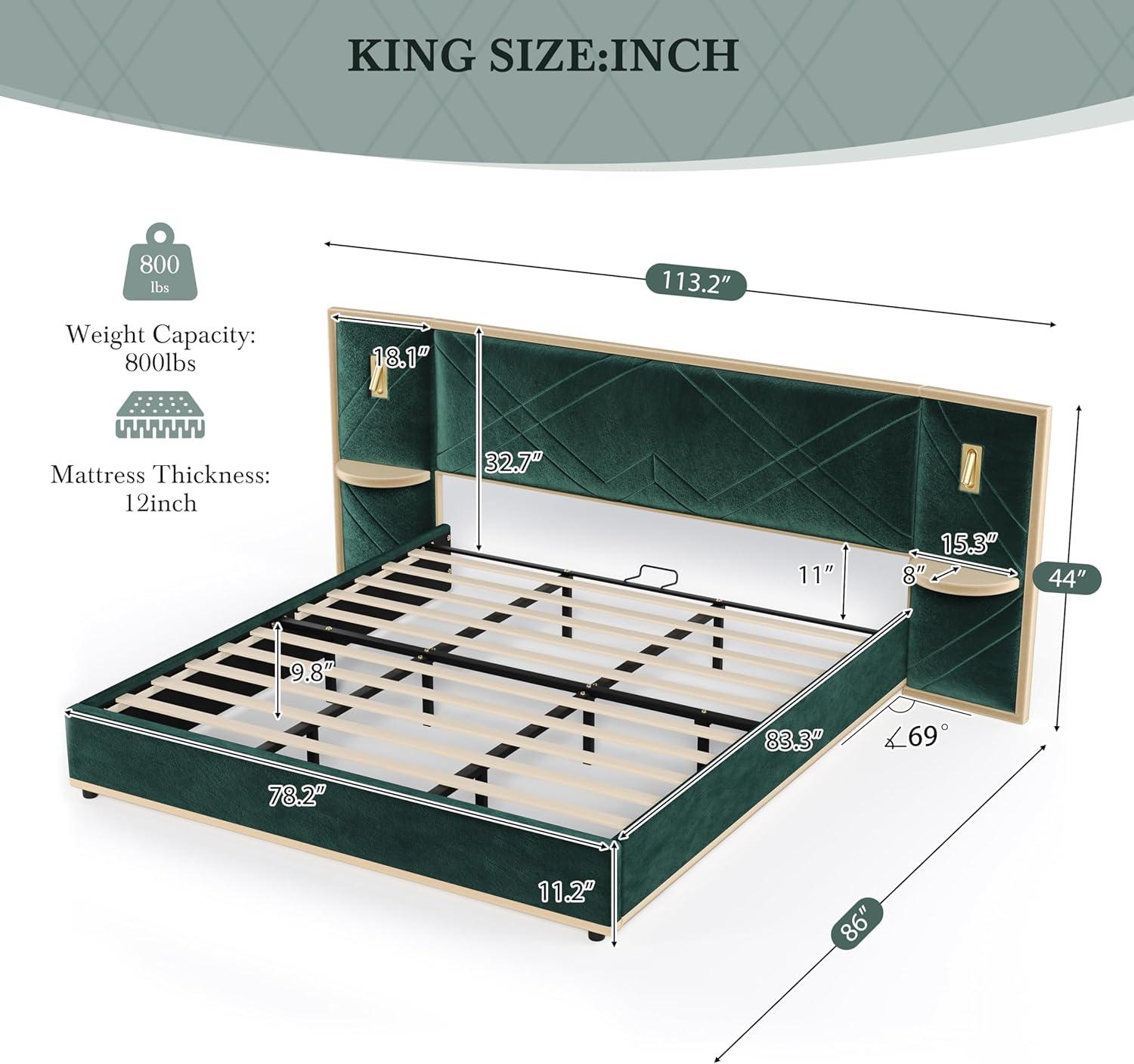 image:imageChristopher Knight Home Harley Upholstered King Size Bed Frame with LED Lights and Side Panels Velvet Bed Frame King Size with Headboard Wooden Slats Easy Assembly No Box Spring Needed BeigeGreen