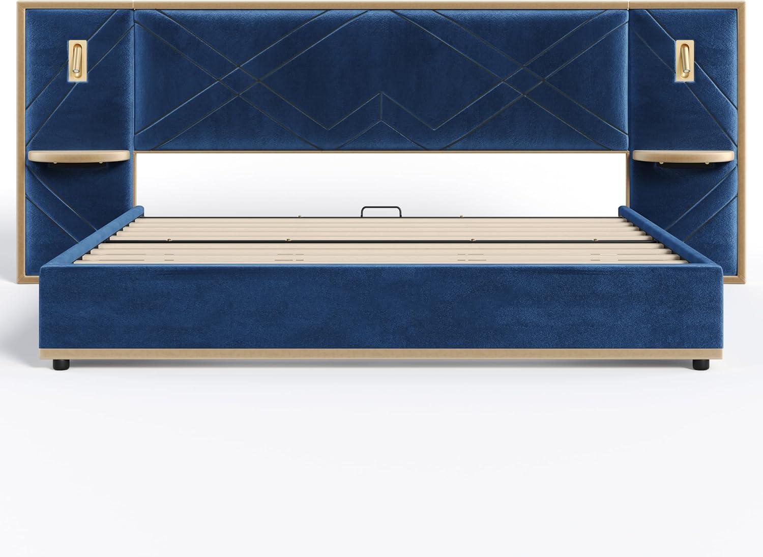 image:imageChristopher Knight Home Harley Upholstered King Size Bed Frame with LED Lights and Side Panels Velvet Bed Frame King Size with Headboard Wooden Slats Easy Assembly No Box Spring Needed BeigeBlue