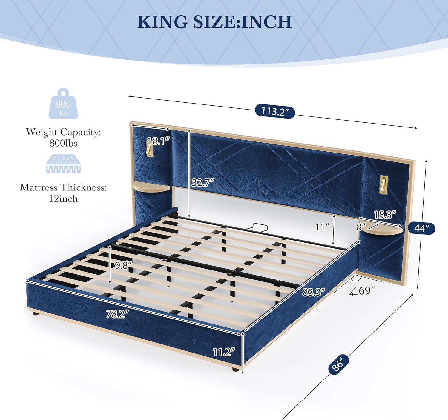 image:imageChristopher Knight Home Harley Upholstered King Size Bed Frame with LED Lights and Side Panels Velvet Bed Frame King Size with Headboard Wooden Slats Easy Assembly No Box Spring Needed BeigeBlue