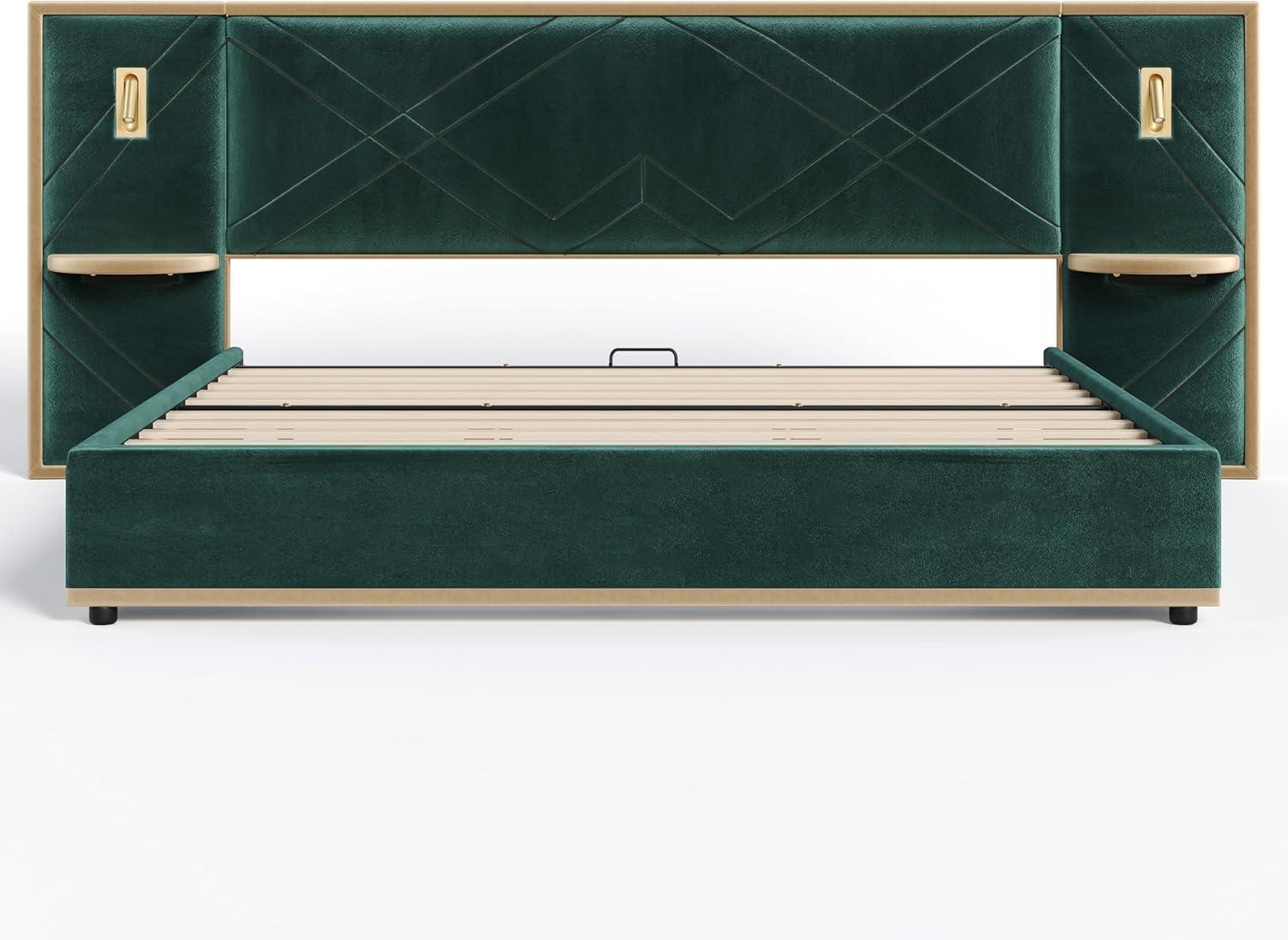 image:imageChristopher Knight Home Harley Upholstered King Size Bed Frame with LED Lights and Side Panels Velvet Bed Frame King Size with Headboard Wooden Slats Easy Assembly No Box Spring Needed BeigeGreen