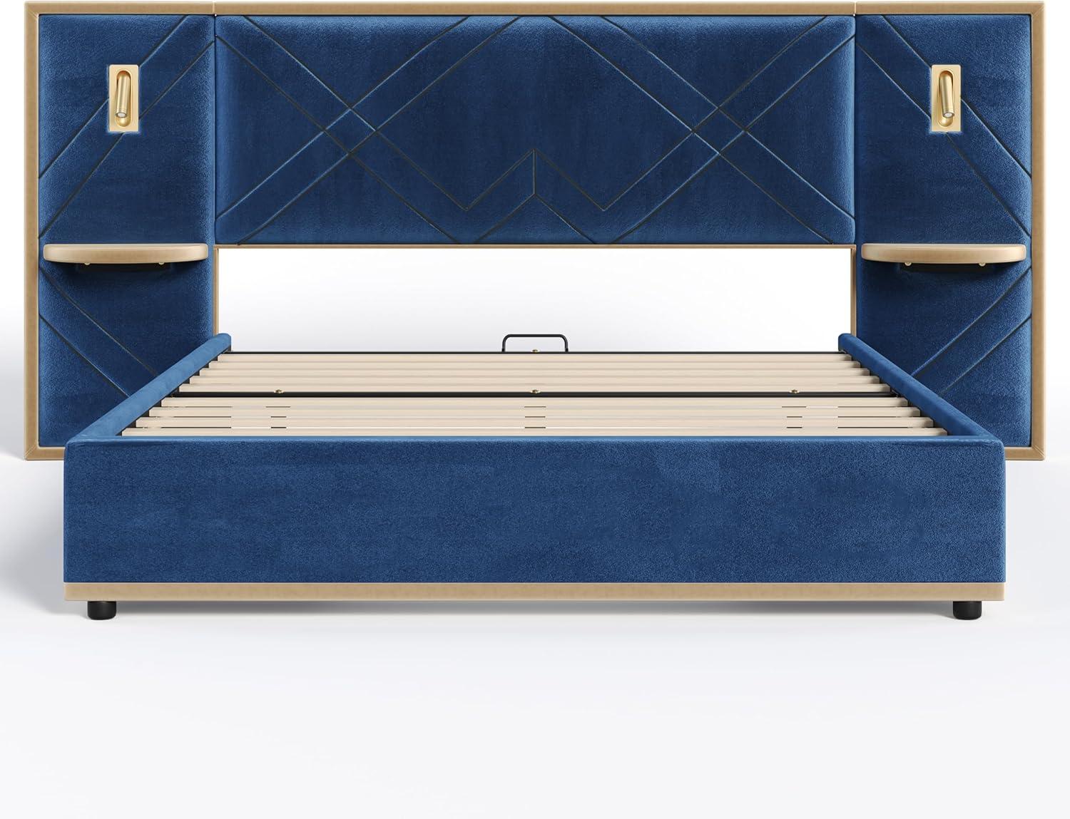 image:imageChristopher Knight Home Harley Upholstered King Size Bed Frame with LED Lights and Side Panels Velvet Bed Frame King Size with Headboard Wooden Slats Easy Assembly No Box Spring Needed BeigeBlue